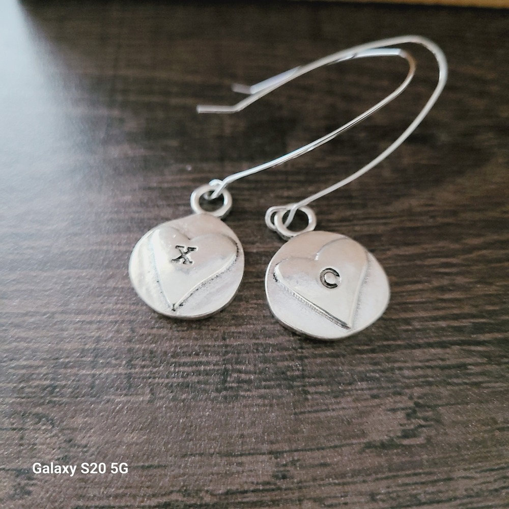 Hand Stampedโ Heart Initial Dangle Earrings Silver Tone Drop
